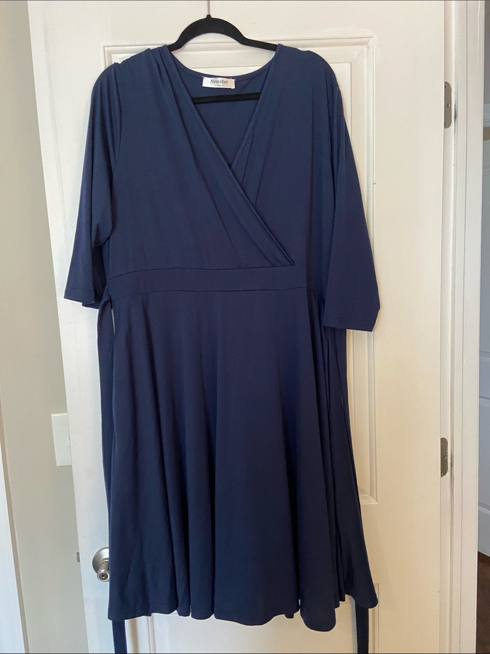 Nina Leonard Navy Wrap-Style Midi Dress with Defined Waist